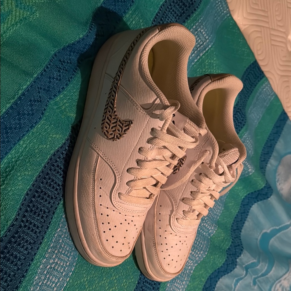 Nike Women's White Sneakers with Animal Print Swoosh
